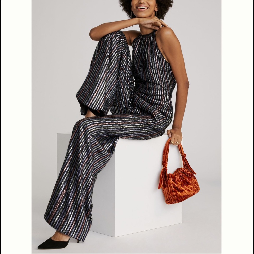Anthropologie Striped Sequin Jumpsuit - Black and Silver